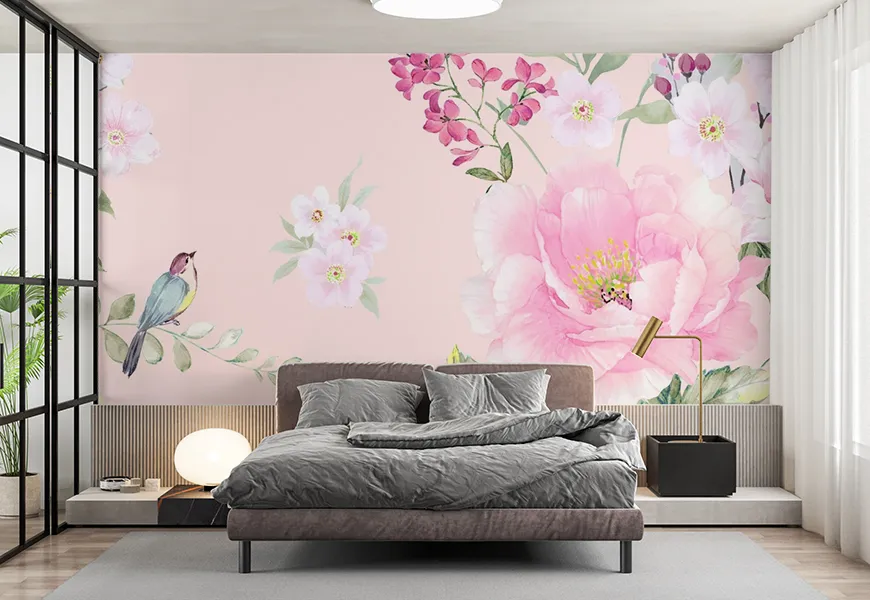 پوستر دیواری سه بعدی اتاق خواب عروس و داماد طرح گل و پرنده
